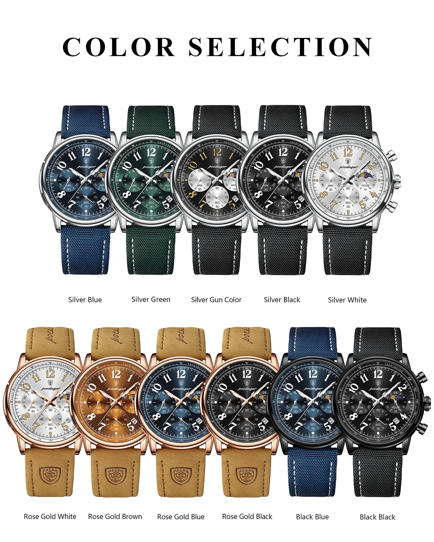 Relógio Masculino POEDAGAR Fashion — Cronógrafo, Luminoso, Pulseira Nylon/Couro