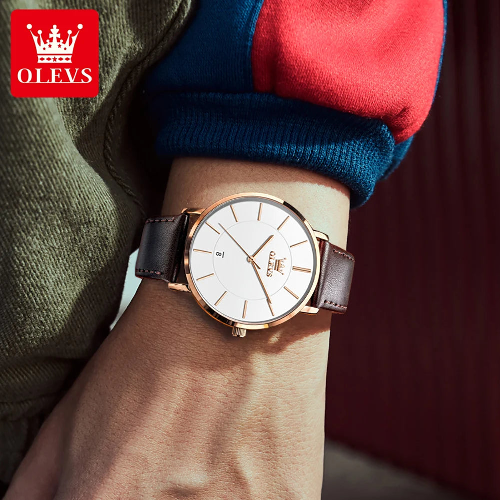 Relógio Masculino OLEVS 5869 — Quartzo Ultra Fino, Pulseira de Couro, Data Automática
