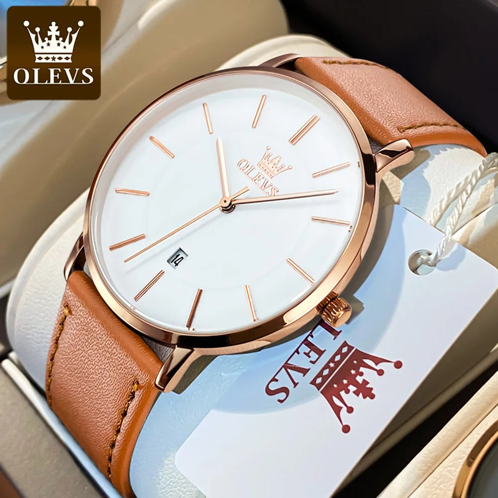 Relógio Masculino OLEVS 5869 — Quartzo Ultra Fino, Pulseira de Couro, Data Automática