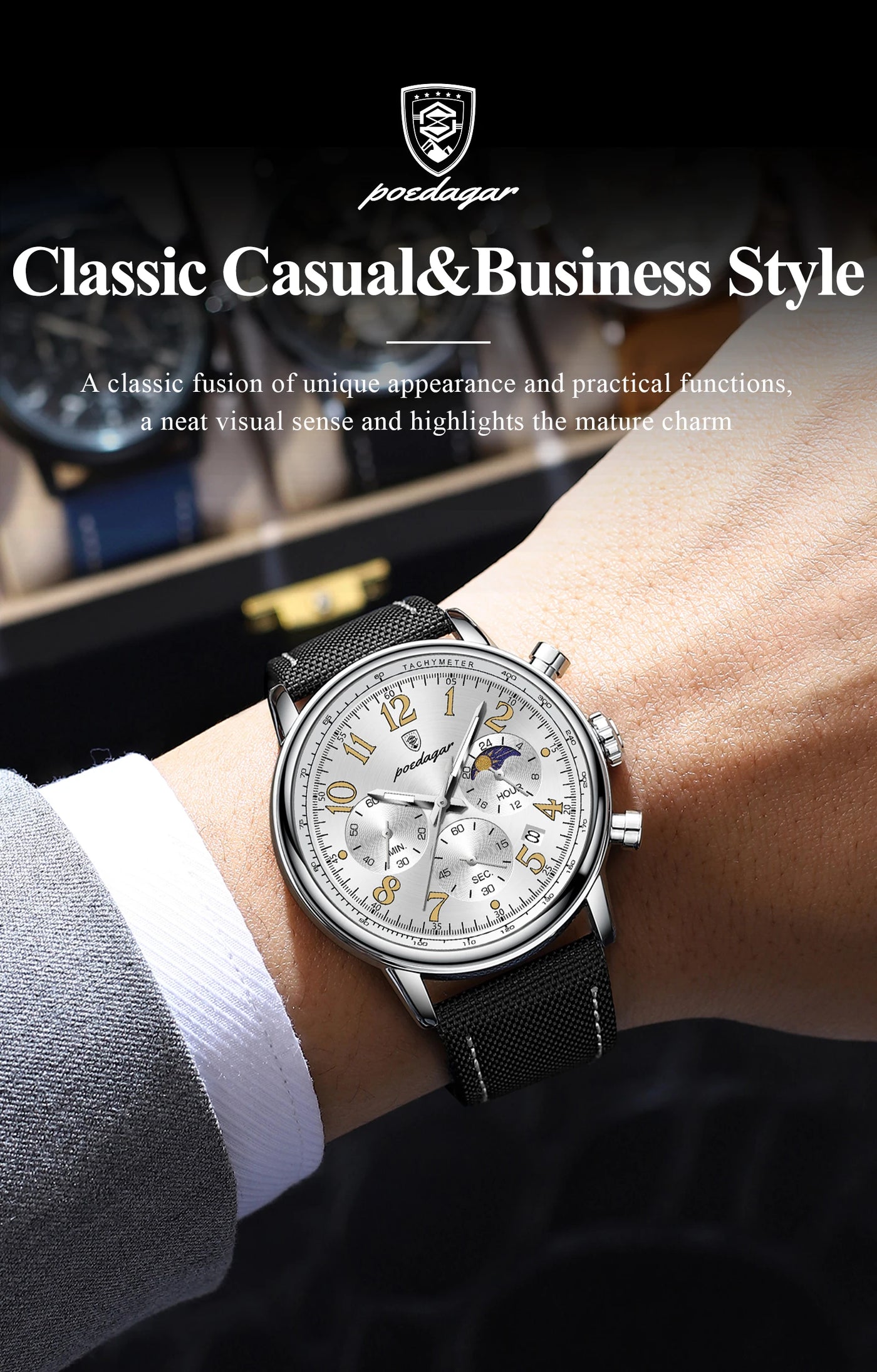 Relógio Masculino POEDAGAR Fashion — Cronógrafo, Luminoso, Pulseira Nylon/Couro