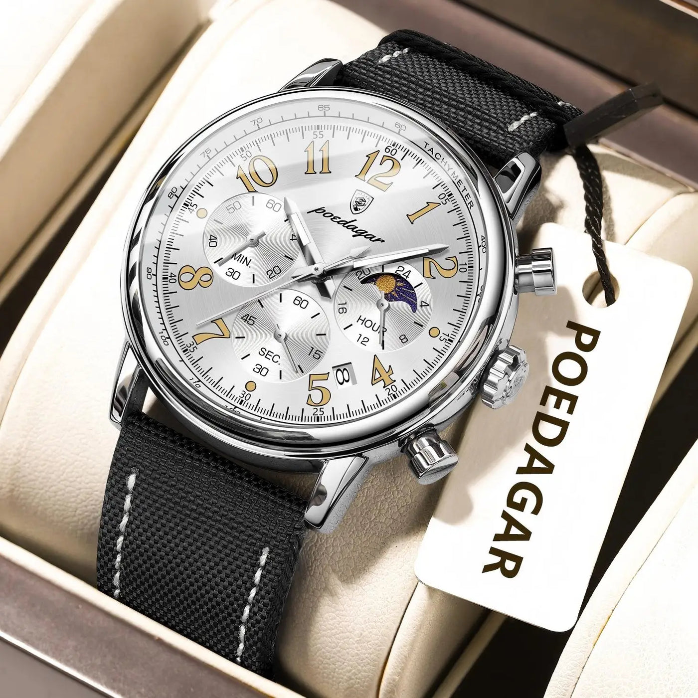 Relógio Masculino POEDAGAR Fashion — Cronógrafo, Luminoso, Pulseira Nylon/Couro