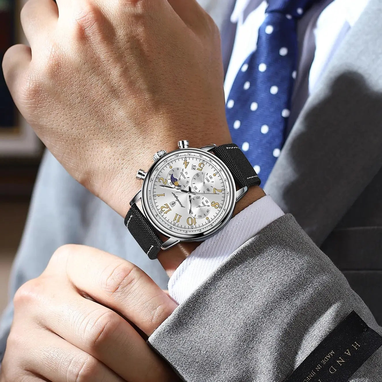 Relógio Masculino POEDAGAR Fashion — Cronógrafo, Luminoso, Pulseira Nylon/Couro