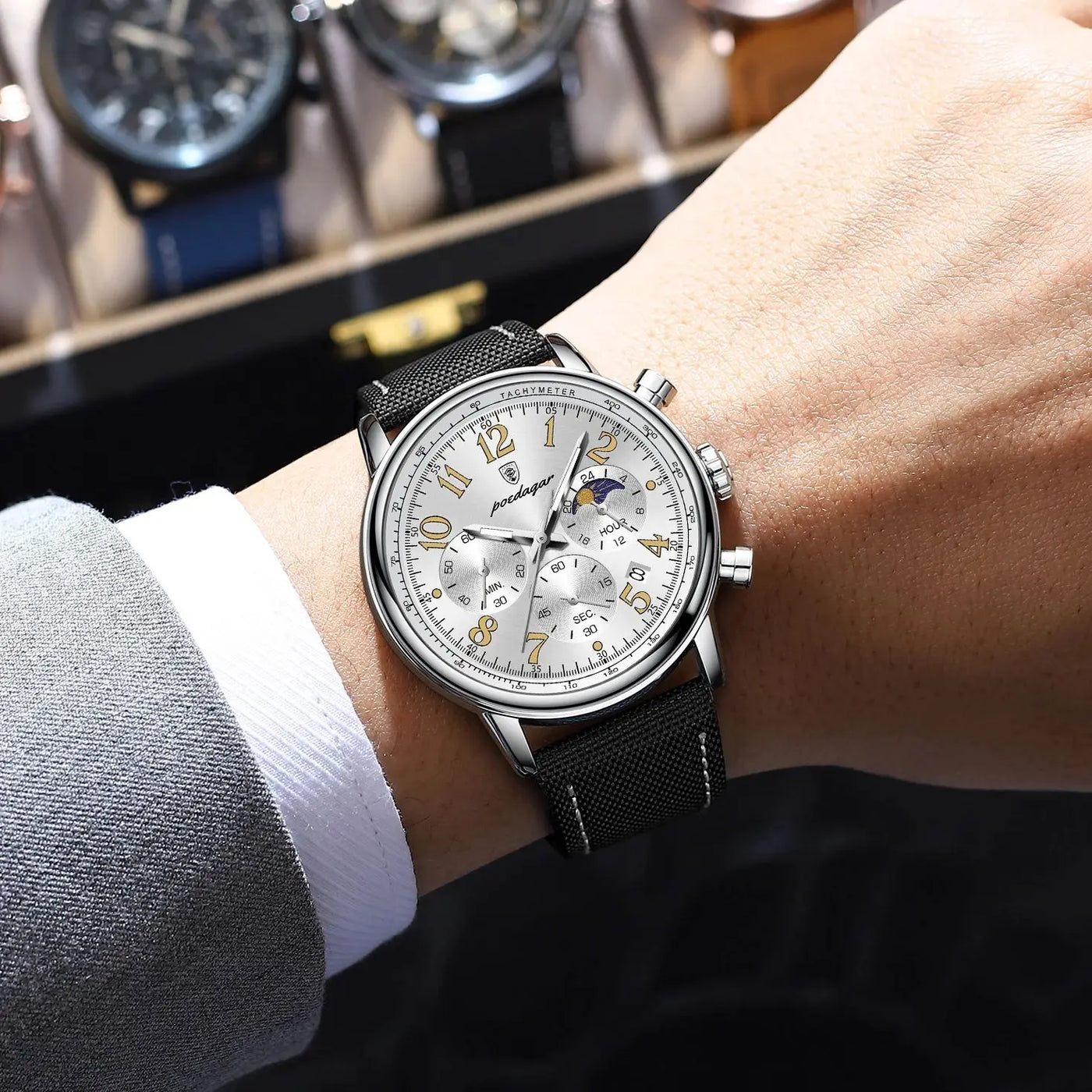 Relógio Masculino POEDAGAR Fashion — Cronógrafo, Luminoso, Pulseira Nylon/Couro