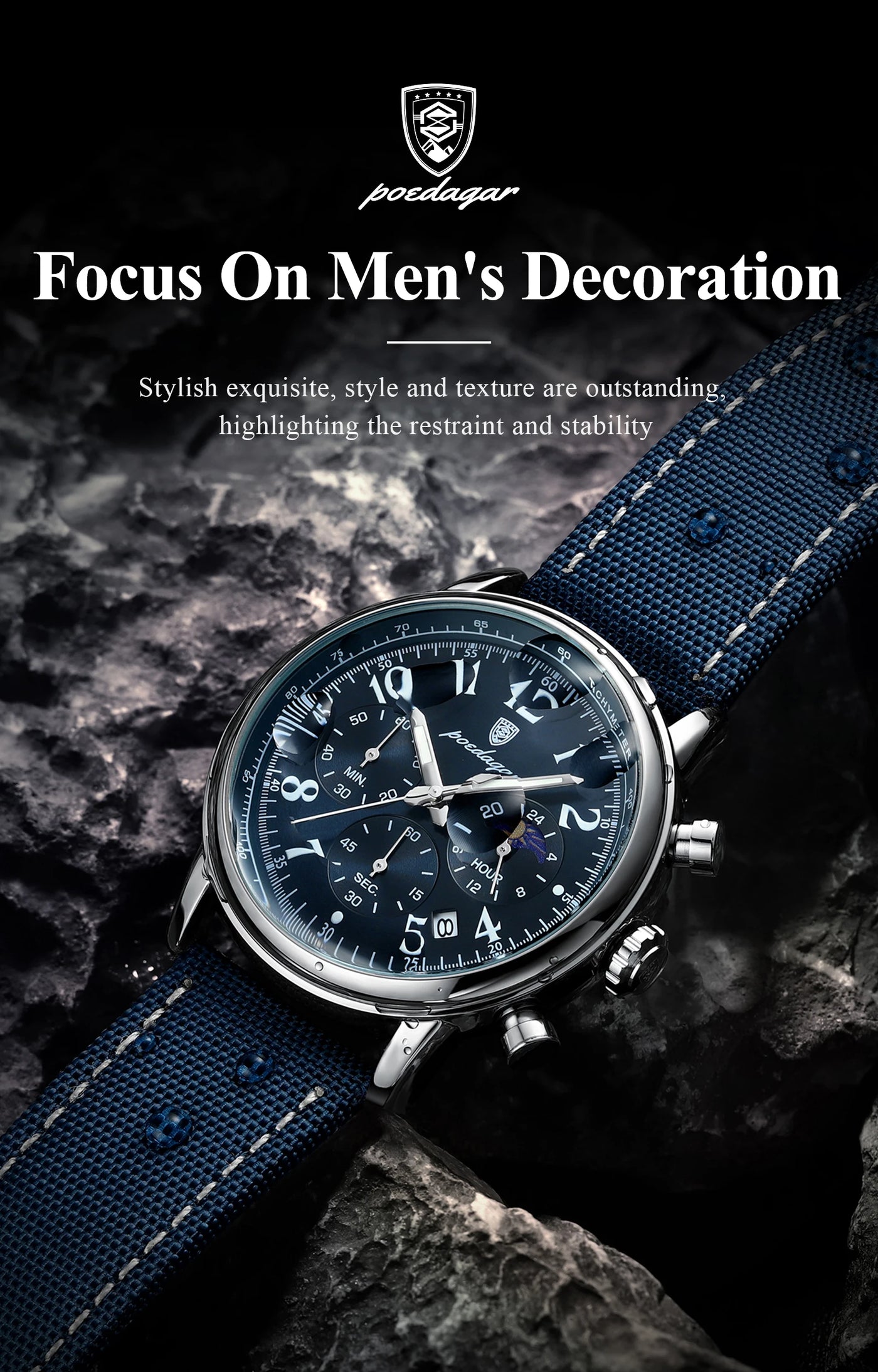 Relógio Masculino POEDAGAR Fashion — Cronógrafo, Luminoso, Pulseira Nylon/Couro