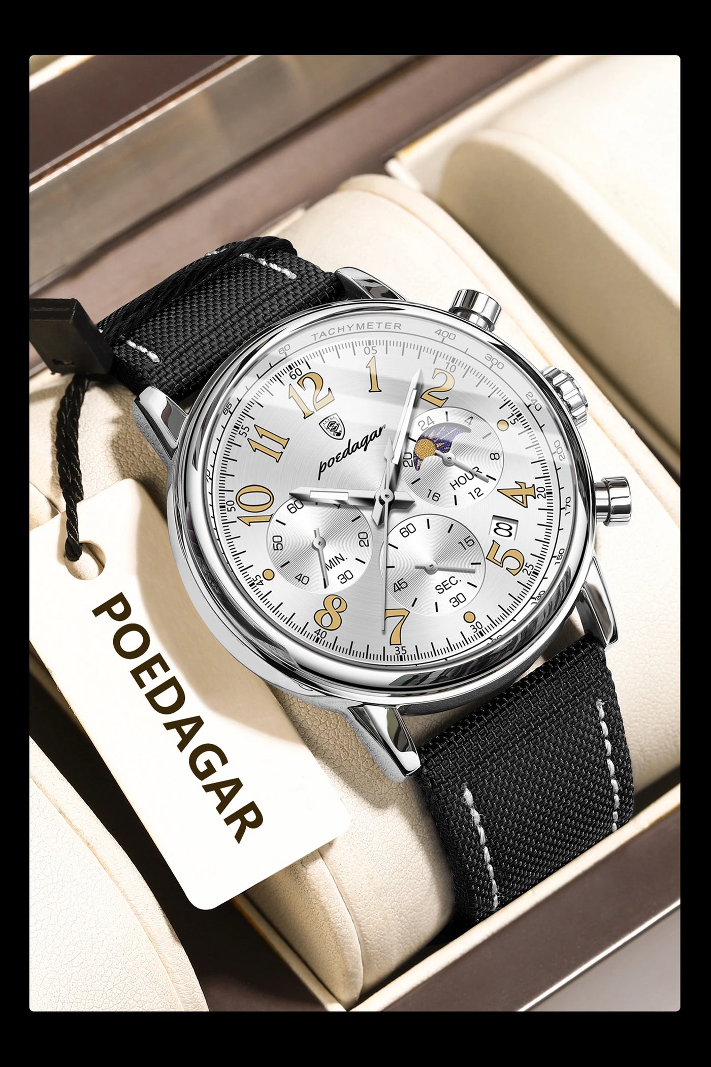 Relógio Masculino POEDAGAR Fashion — Cronógrafo, Luminoso, Pulseira Nylon/Couro