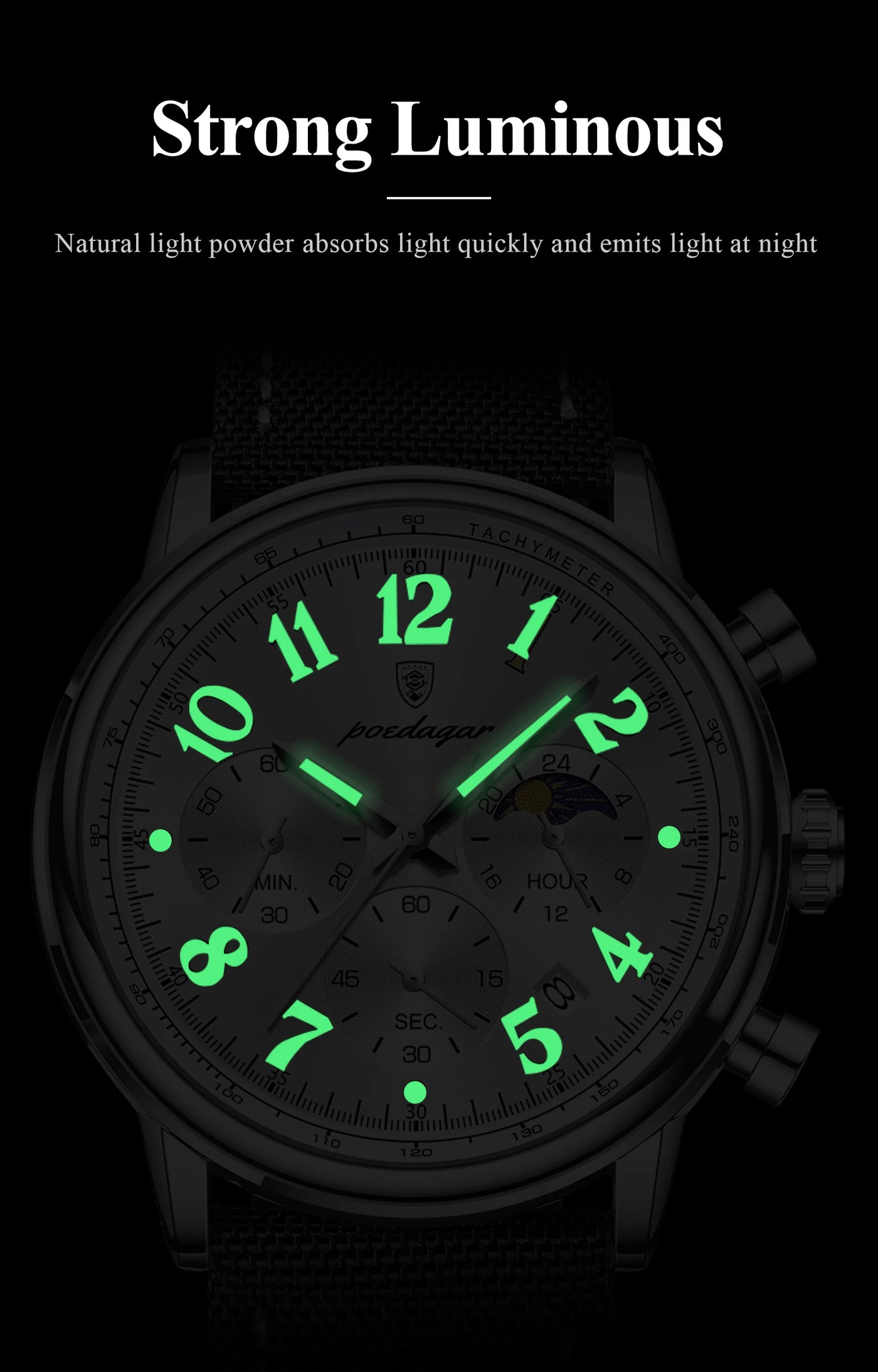 Relógio Masculino POEDAGAR Fashion — Cronógrafo, Luminoso, Pulseira Nylon/Couro