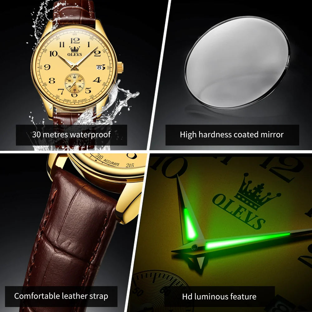 Relógio Masculino OLEVS 3622 — Quartzo, Pulseira de Couro, Luminoso, Calendário