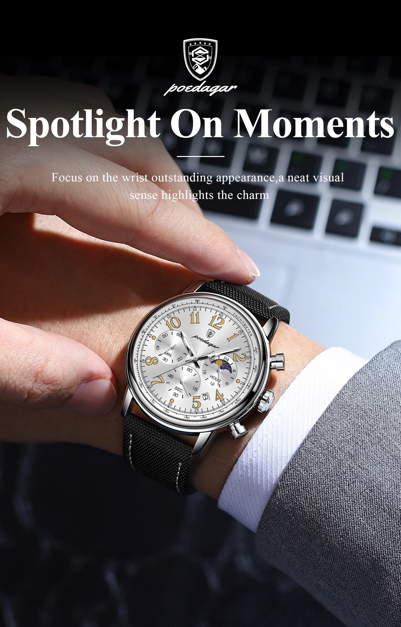 Relógio Masculino POEDAGAR Fashion — Cronógrafo, Luminoso, Pulseira Nylon/Couro
