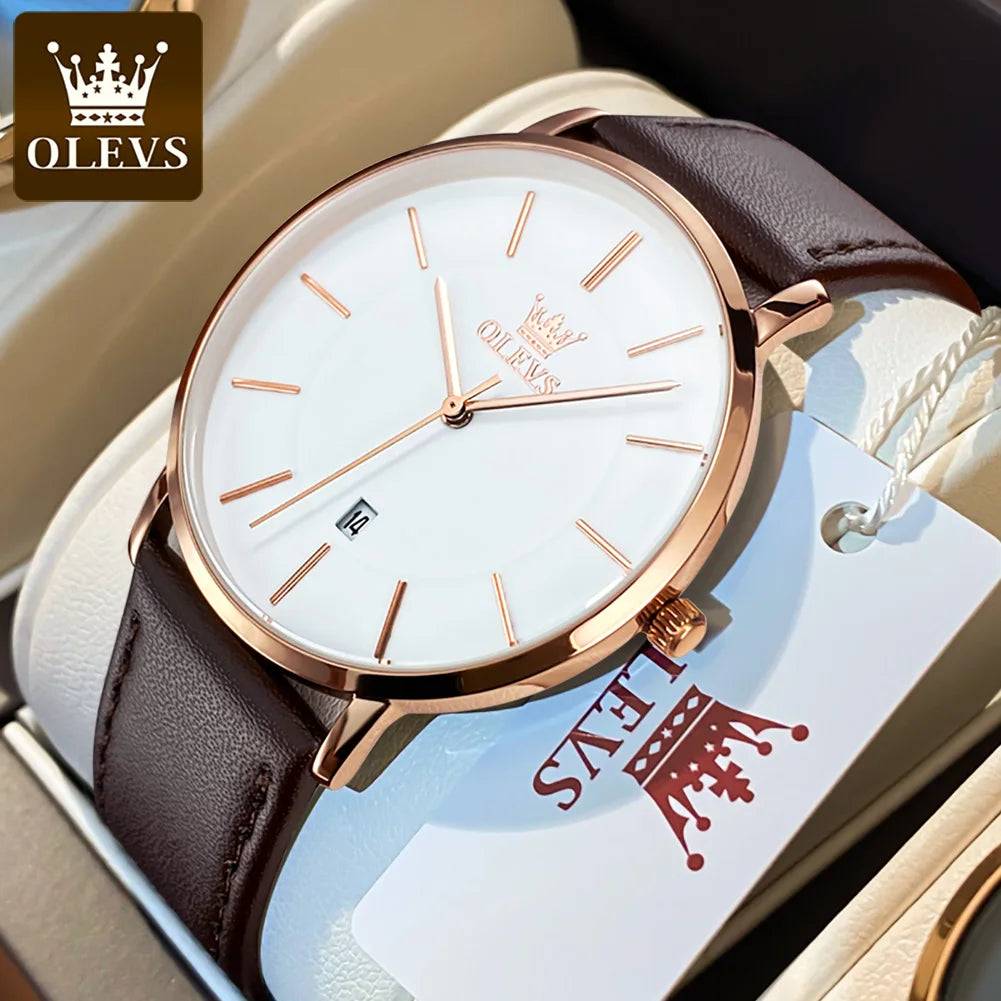 Relógio Masculino OLEVS 5869 — Quartzo Ultra Fino, Pulseira de Couro, Data Automática