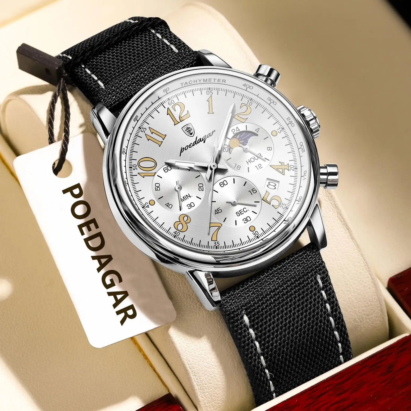 Relógio Masculino POEDAGAR Fashion — Cronógrafo, Luminoso, Pulseira Nylon/Couro