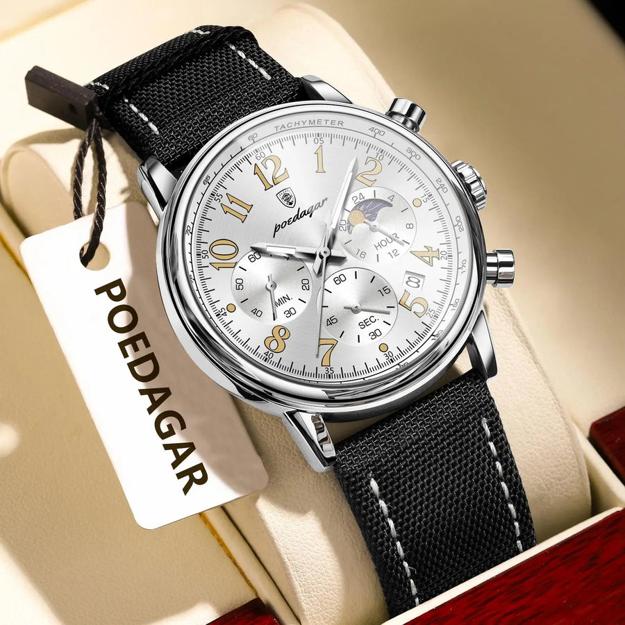 Relógio Masculino POEDAGAR Fashion — Cronógrafo, Luminoso, Pulseira Nylon/Couro