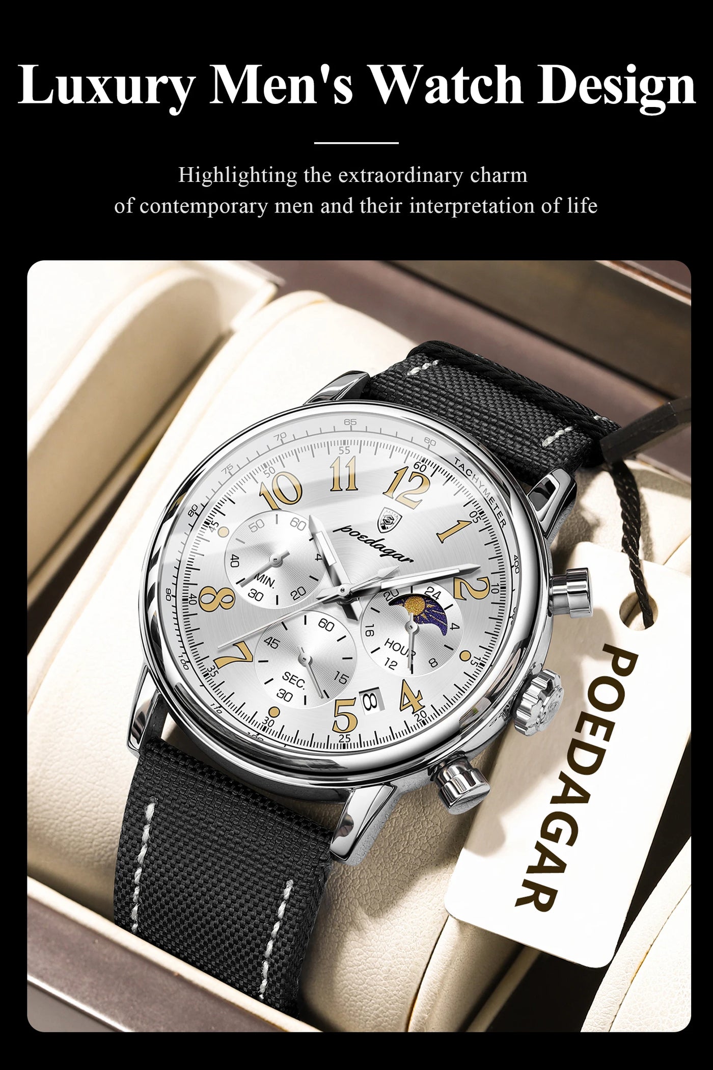 Relógio Masculino POEDAGAR Fashion — Cronógrafo, Luminoso, Pulseira Nylon/Couro