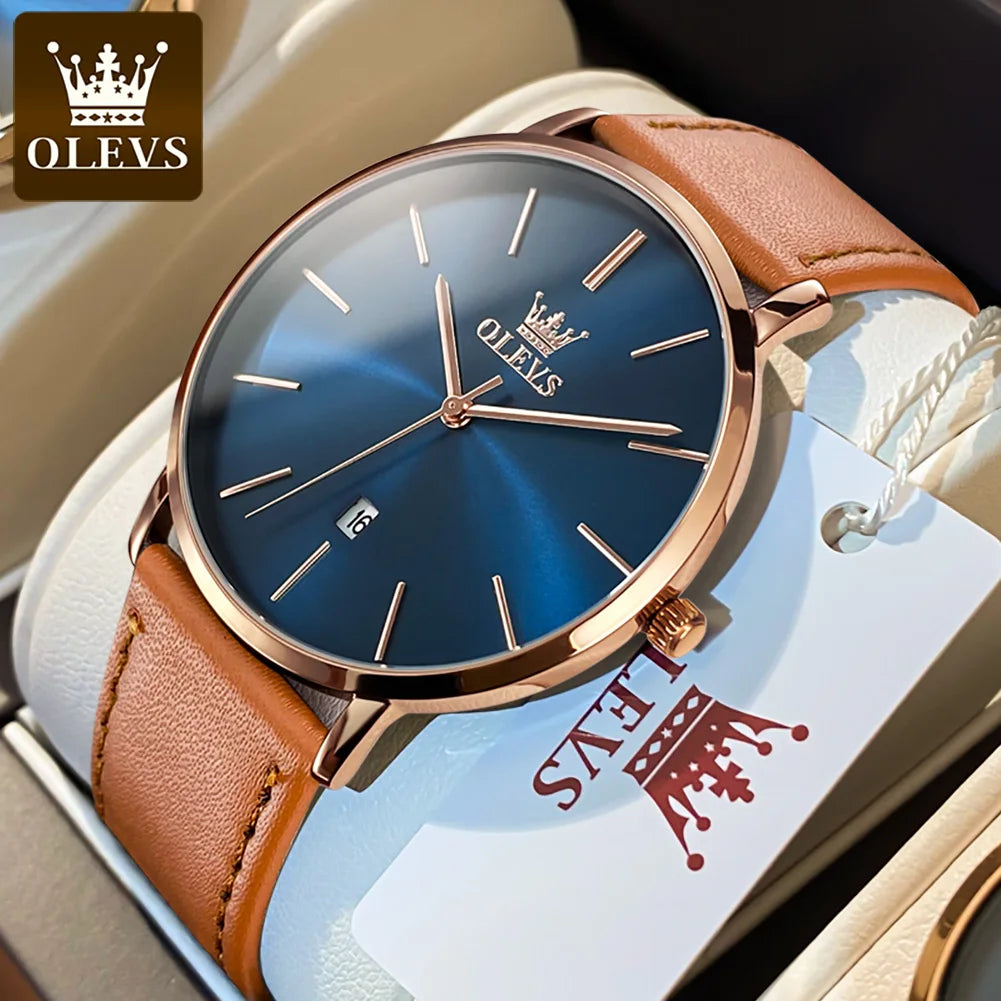 Relógio Masculino OLEVS 5869 — Quartzo Ultra Fino, Pulseira de Couro, Data Automática