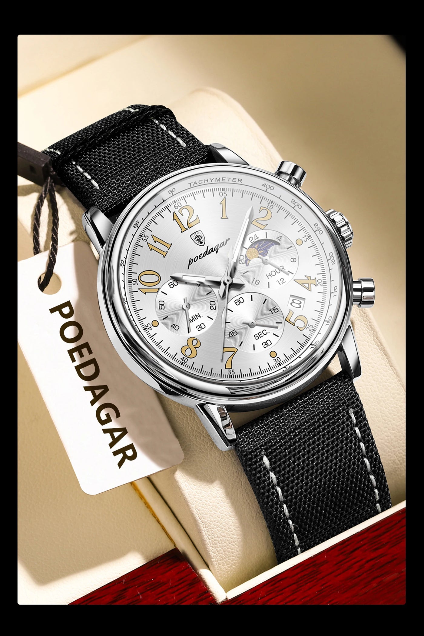 Relógio Masculino POEDAGAR Fashion — Cronógrafo, Luminoso, Pulseira Nylon/Couro