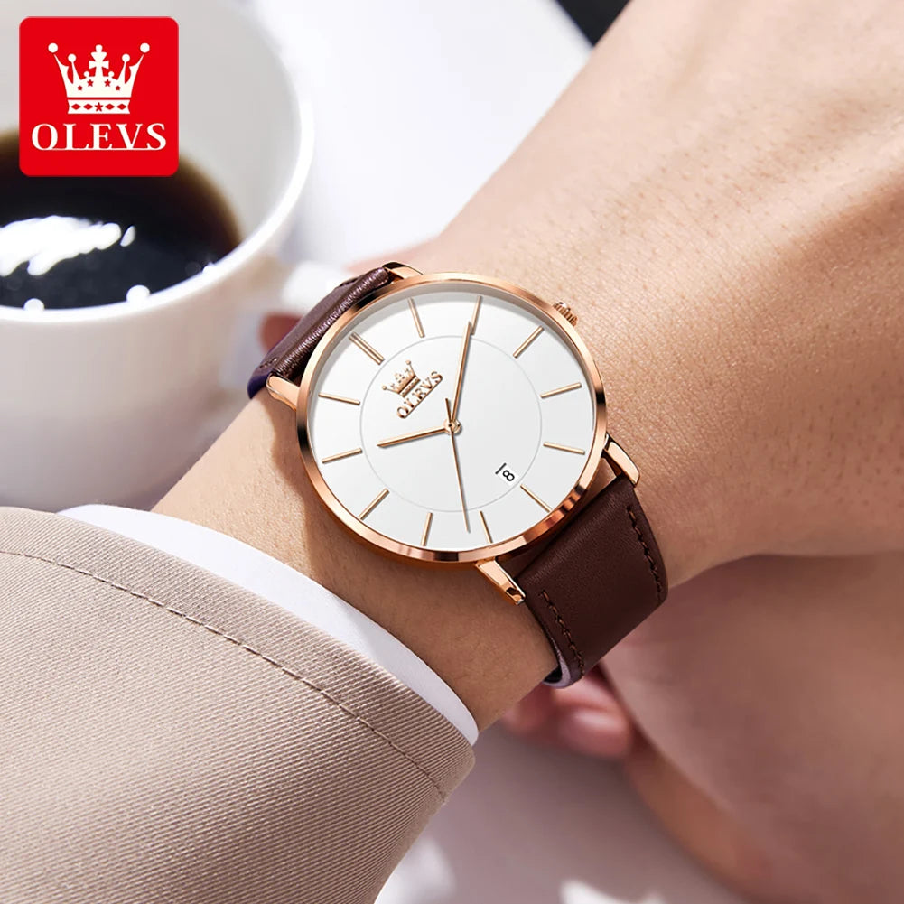 Relógio Masculino OLEVS 5869 — Quartzo Ultra Fino, Pulseira de Couro, Data Automática