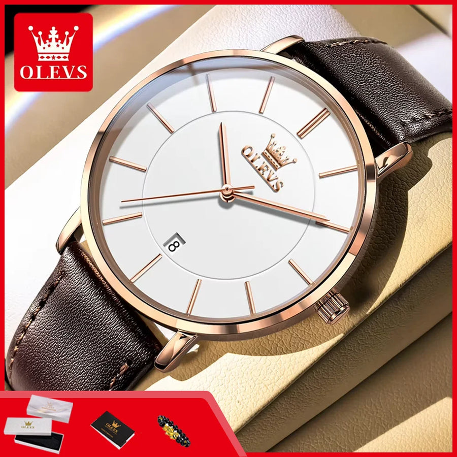 Relógio Masculino OLEVS 5869 — Quartzo Ultra Fino, Pulseira de Couro, Data Automática