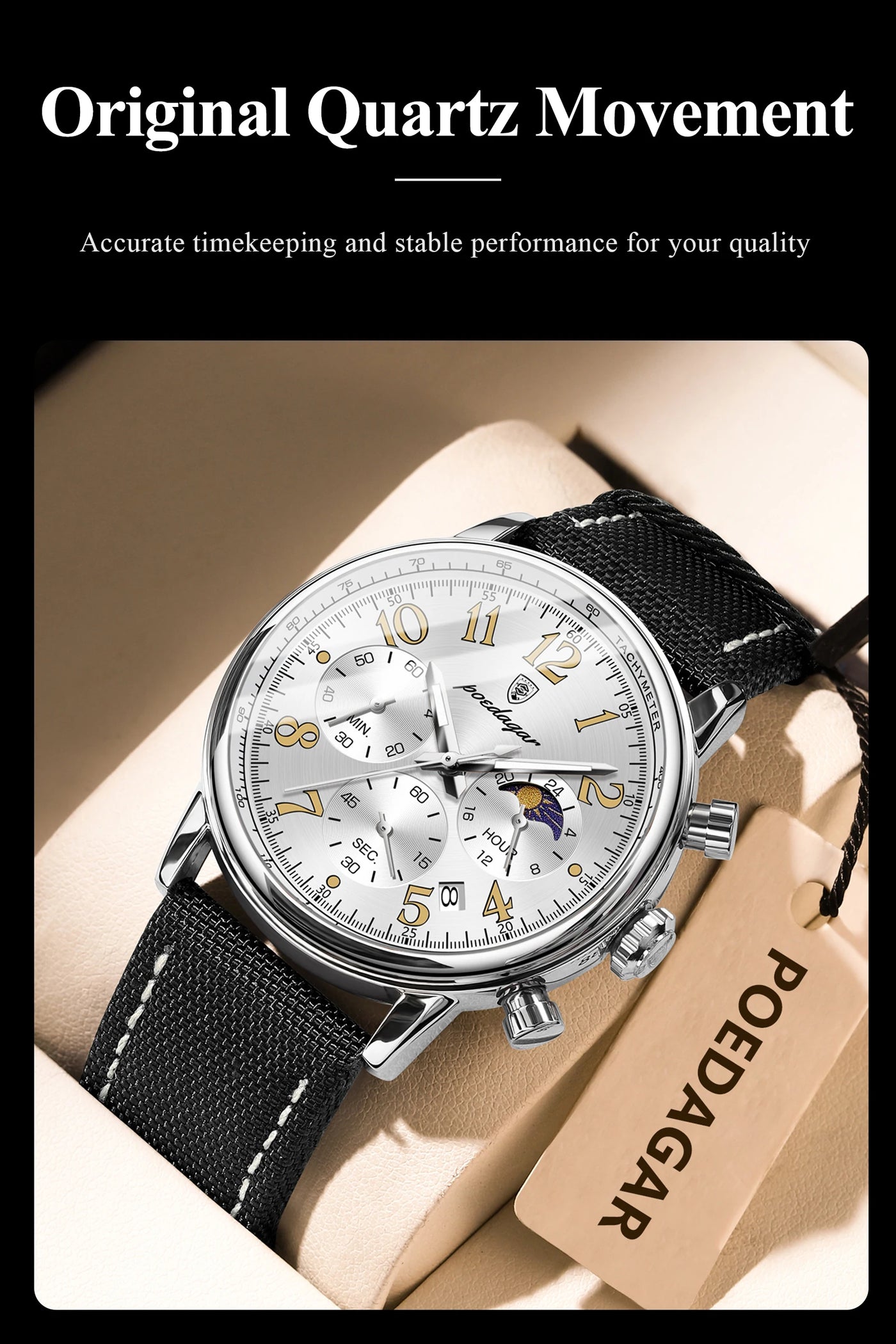 Relógio Masculino POEDAGAR Fashion — Cronógrafo, Luminoso, Pulseira Nylon/Couro