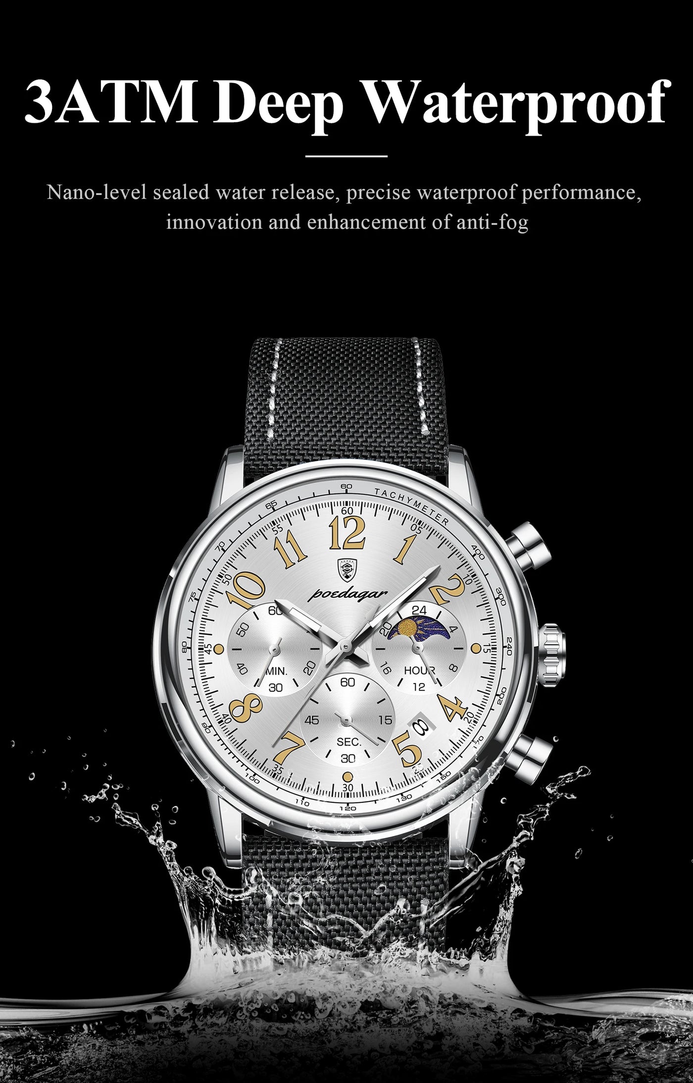 Relógio Masculino POEDAGAR Fashion — Cronógrafo, Luminoso, Pulseira Nylon/Couro
