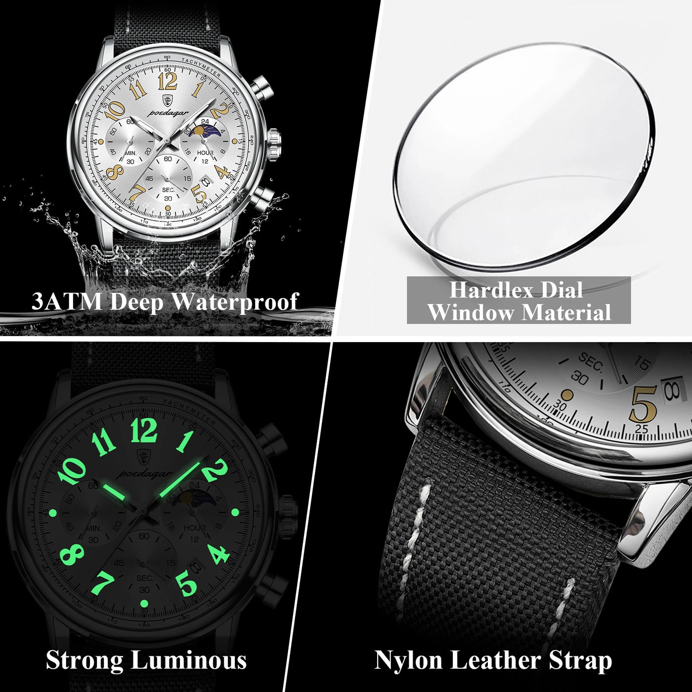 Relógio Masculino POEDAGAR Fashion — Cronógrafo, Luminoso, Pulseira Nylon/Couro